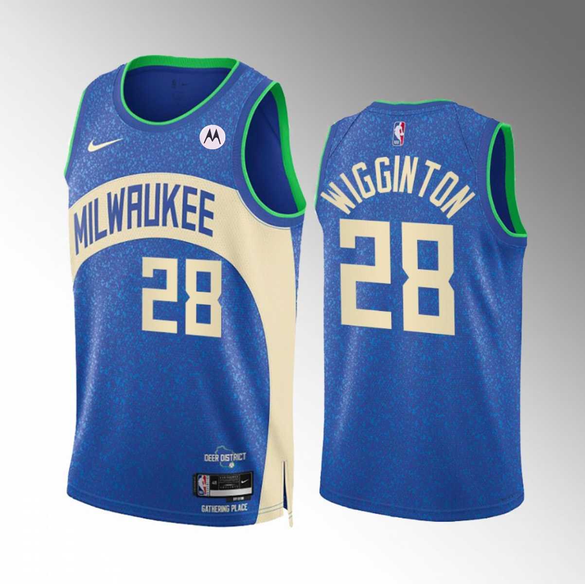 Men%27s Milwaukee Bucks #28 Lindell Wigginton Blue 2023-24 City Edition Stitched Basketball Jersey Dzhi
